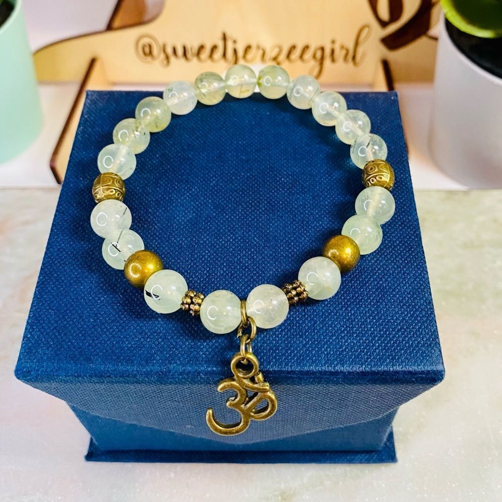 Light Green Prehnite Antique Bronze Finish Ohm Healer Stone Bracelet